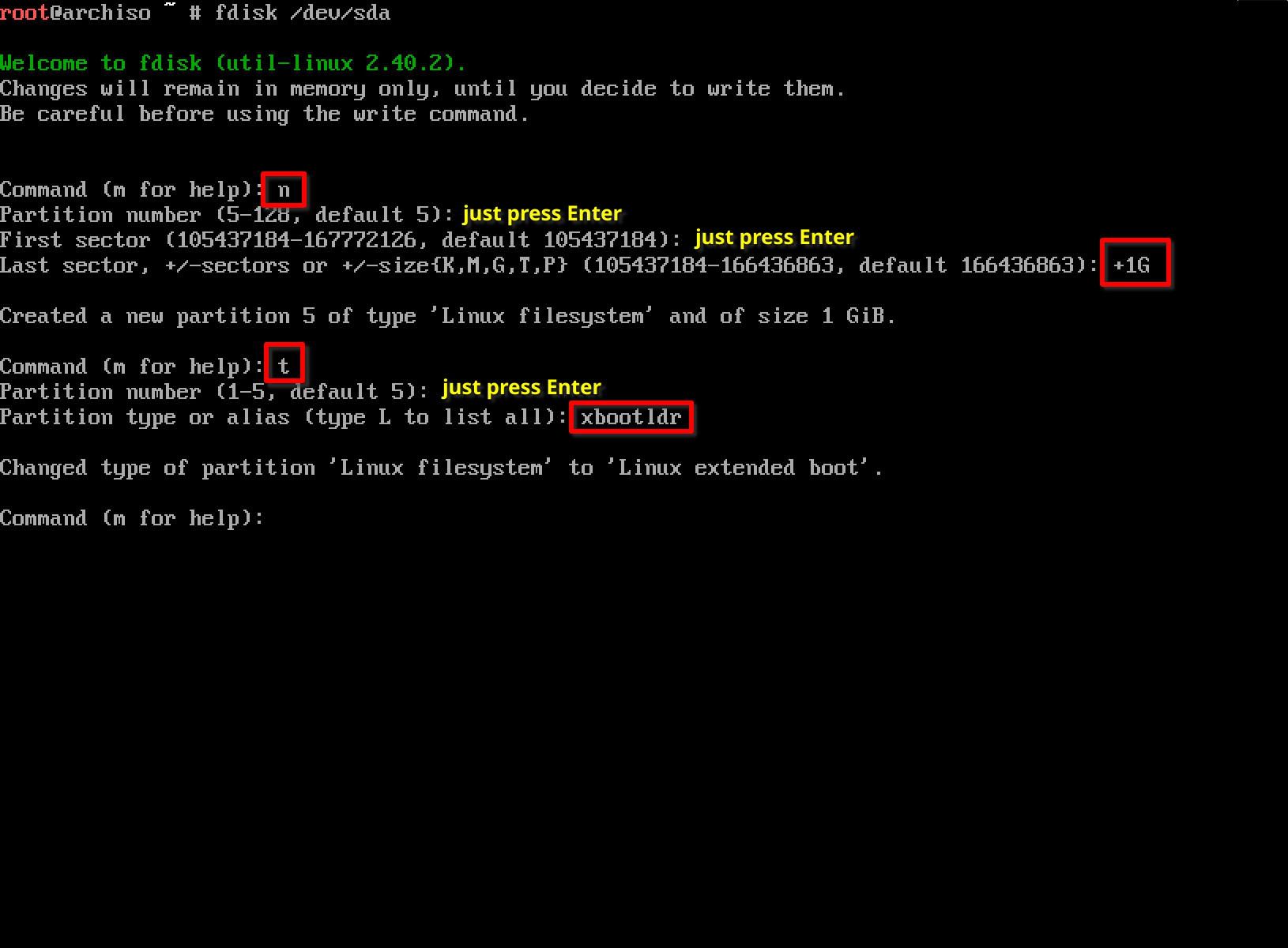 fdisk create extended boot partition