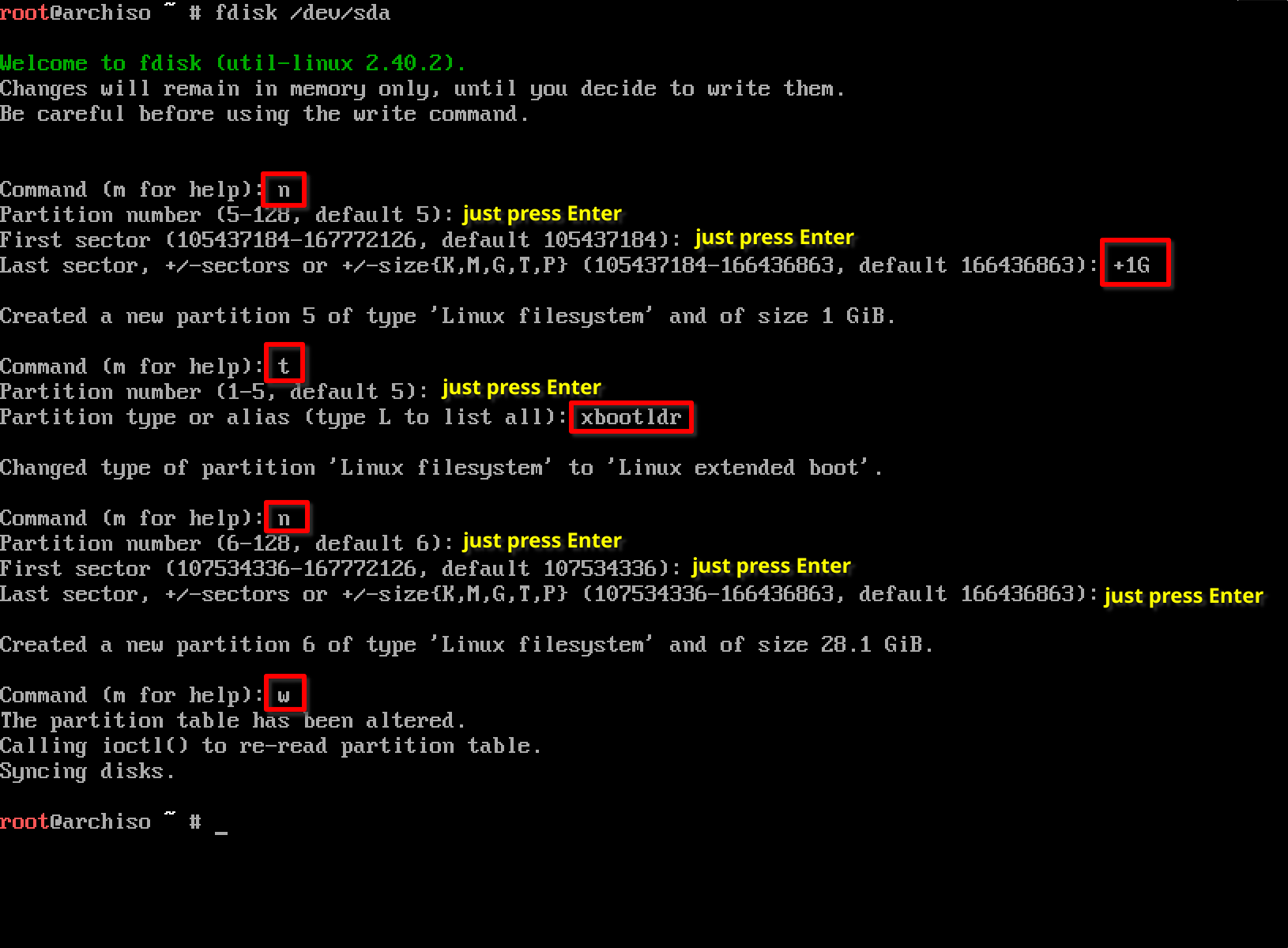 fdisk create root partition